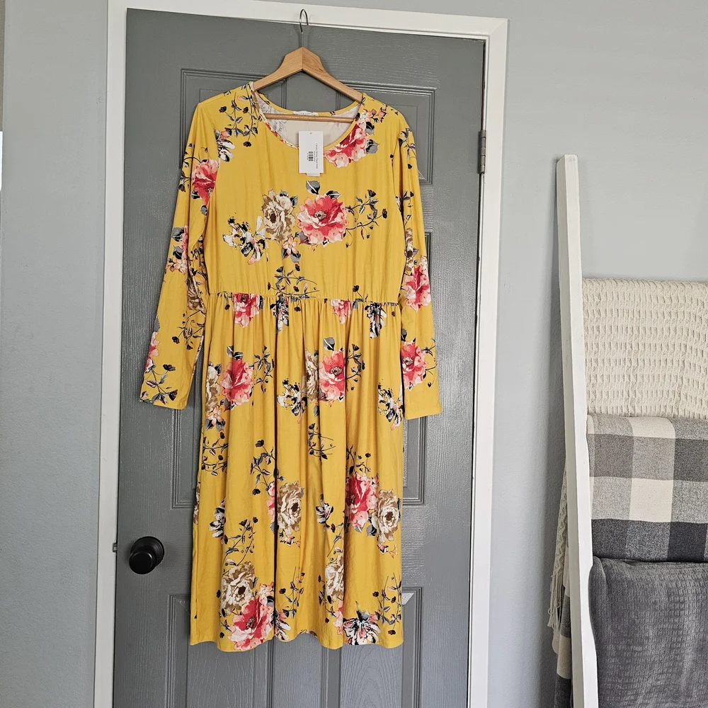 NWT Reborn J Floral Midi Dress 2XL Yellow Stretchy Long Sleeve Boho Style - Picture 1 of 4
